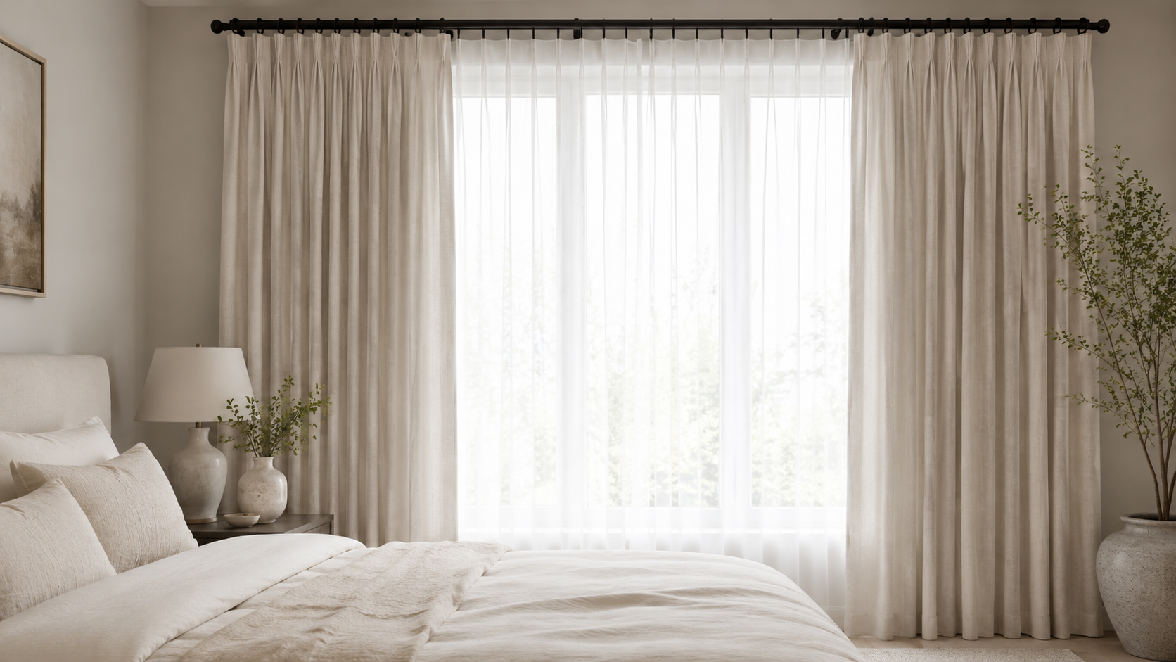 Hotel-style bedroom window with cream linen curtains, white sheers, black rod, and neutral bedding.
