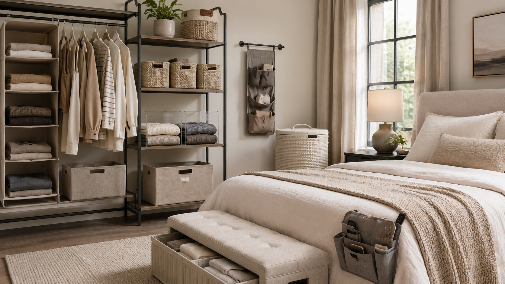 Organized bedroom with closet baskets, hanging storage, laundry hamper, storage bench, and bedside caddy