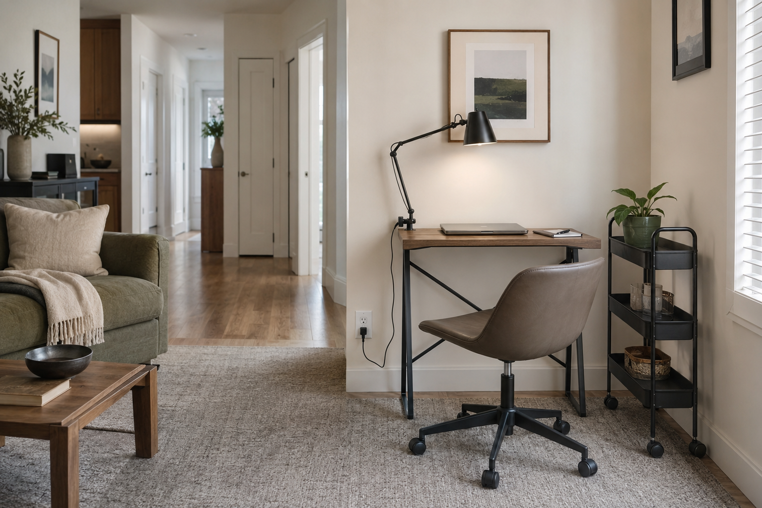 Room 7.8: Small Home Office Solutions - Ravnora Decor Compact living-room office with a shallow wood desk, armless swivel chair, clamp lamp and narrow rolling storage cart.