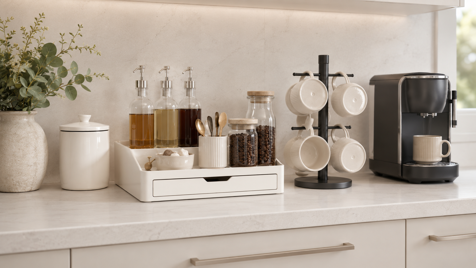 Finished coffee bar setup with mugs, canisters, syrup bottles, tray, and countertop beverage station accessories