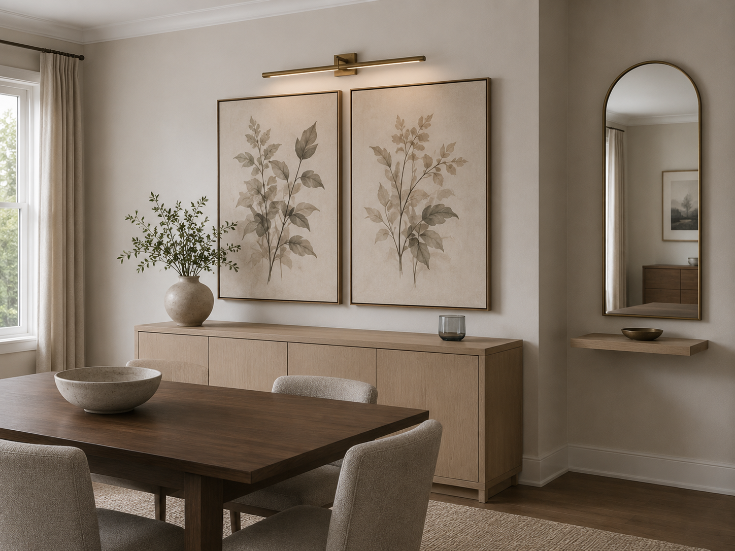 Coordinated dining wall with botanical artwork, a brass picture light, arched mirror and floating display shelf.