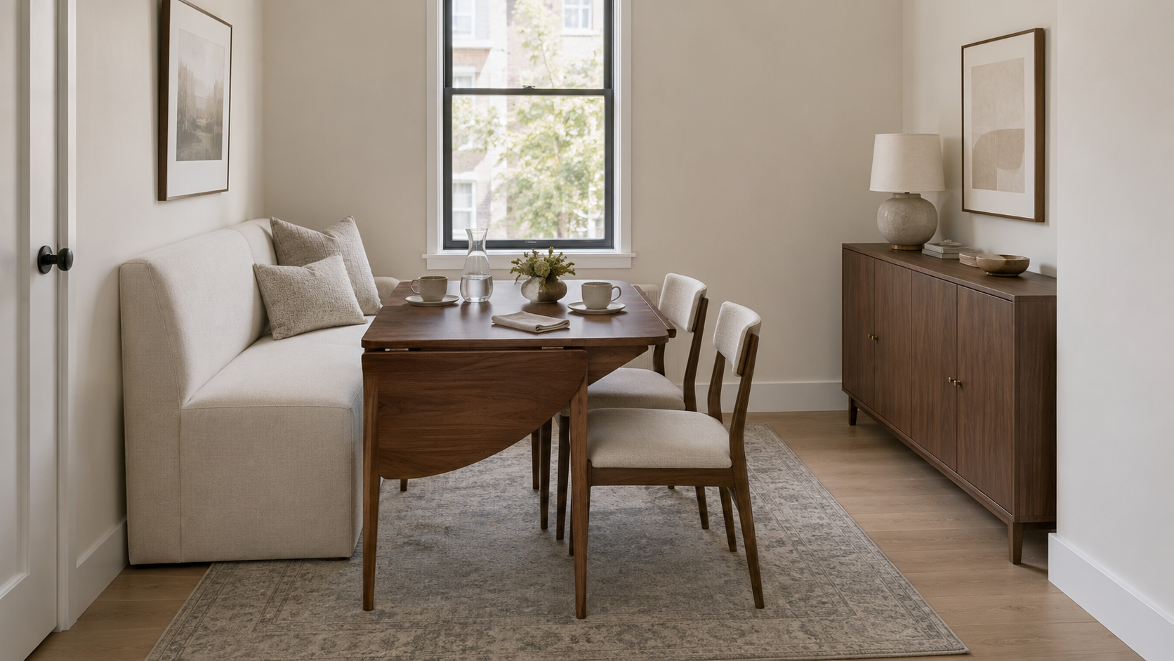 Compact dining nook with a drop-leaf table, upholstered bench, slim sideboard and neutral area rug