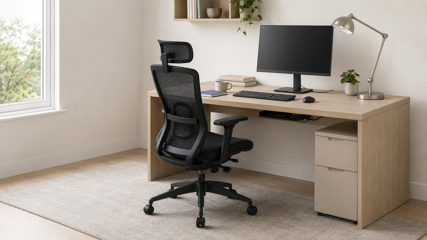 Black high-back mesh chair paired with a pale oak desk, monitor, task lamp and compact drawer unit.