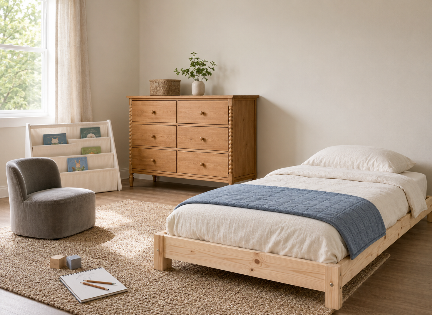 Natural wood kids bed with spindle dresser, front-facing book display and compact lounge chair