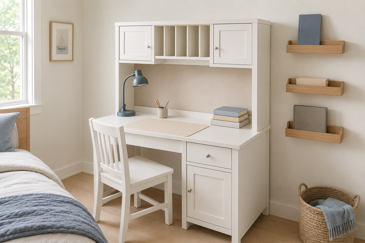 White kids study desk with task lamp, eggshell desk mat and natural wood book shelves