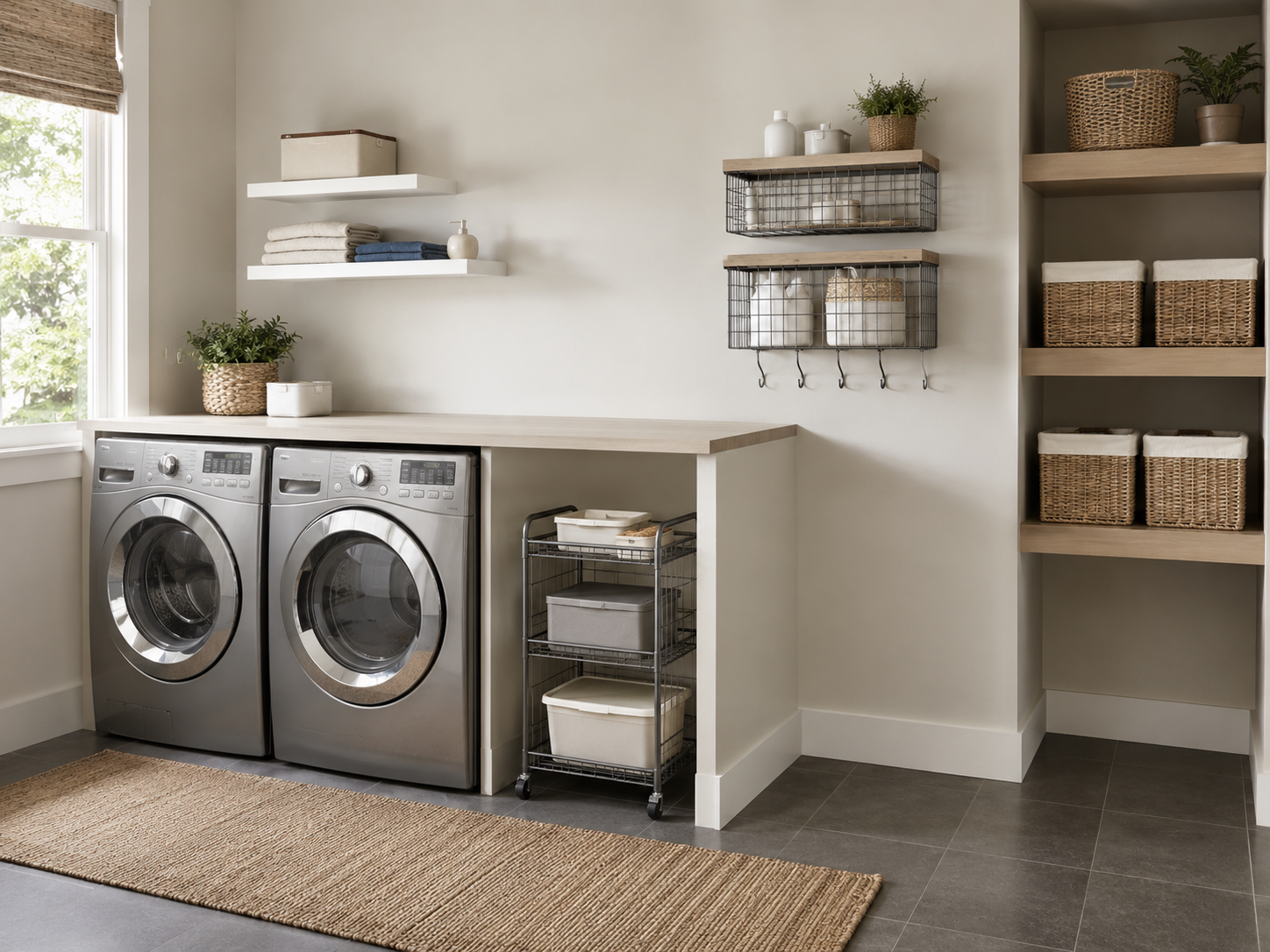 Laundry shelf wall with shallow floating shelves, mounted wire baskets, removable basket storage and a compact rolling wire rack.