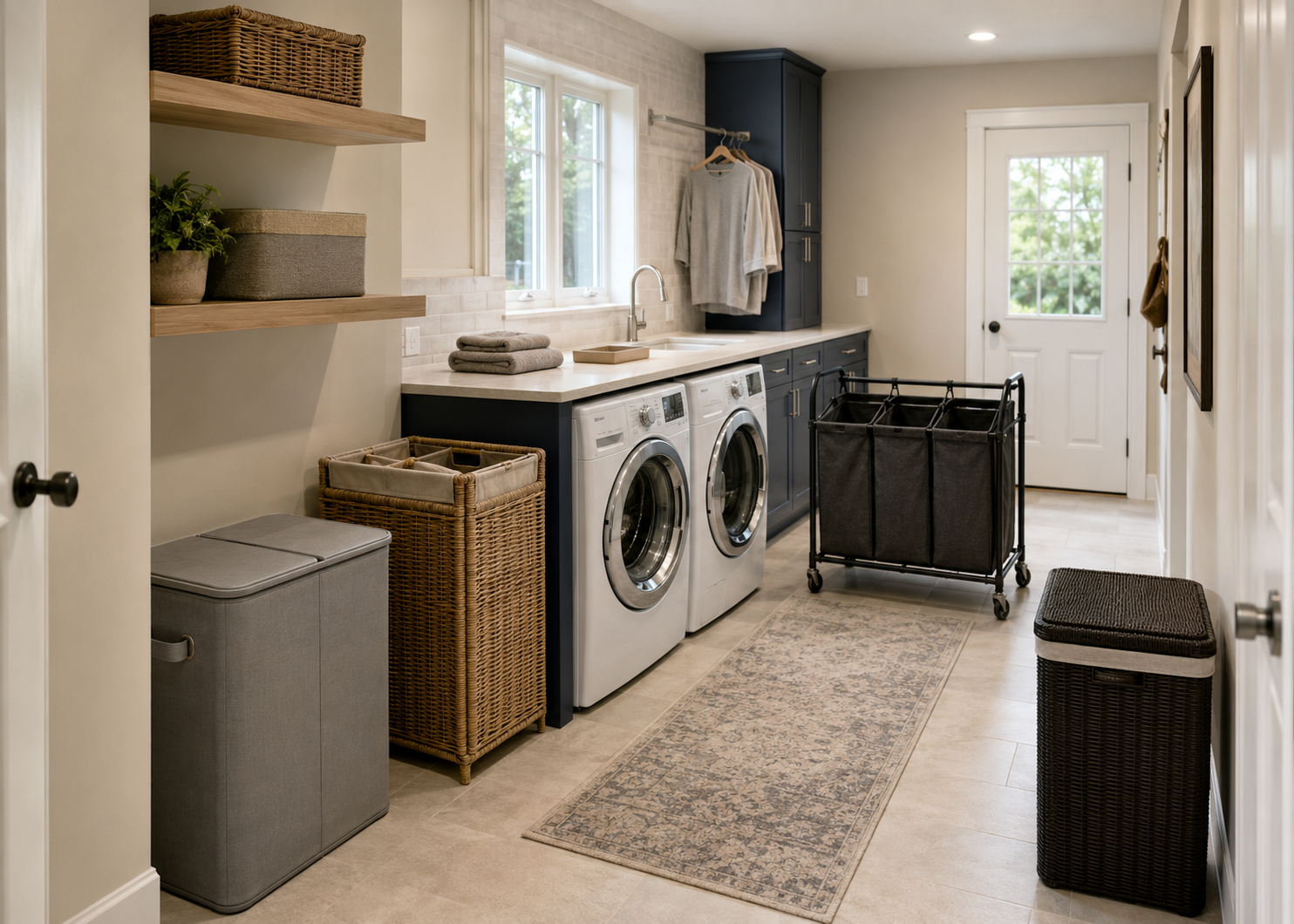 Mudroom laundry space with divided, woven, rolling and lidded hamper formats arranged around a clear walkway.