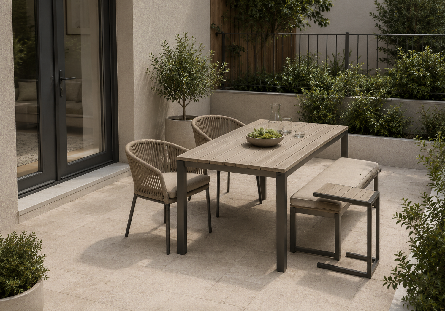 Rectangular outdoor dining table with woven patio chairs, cushioned bench and compact side table on a limestone patio