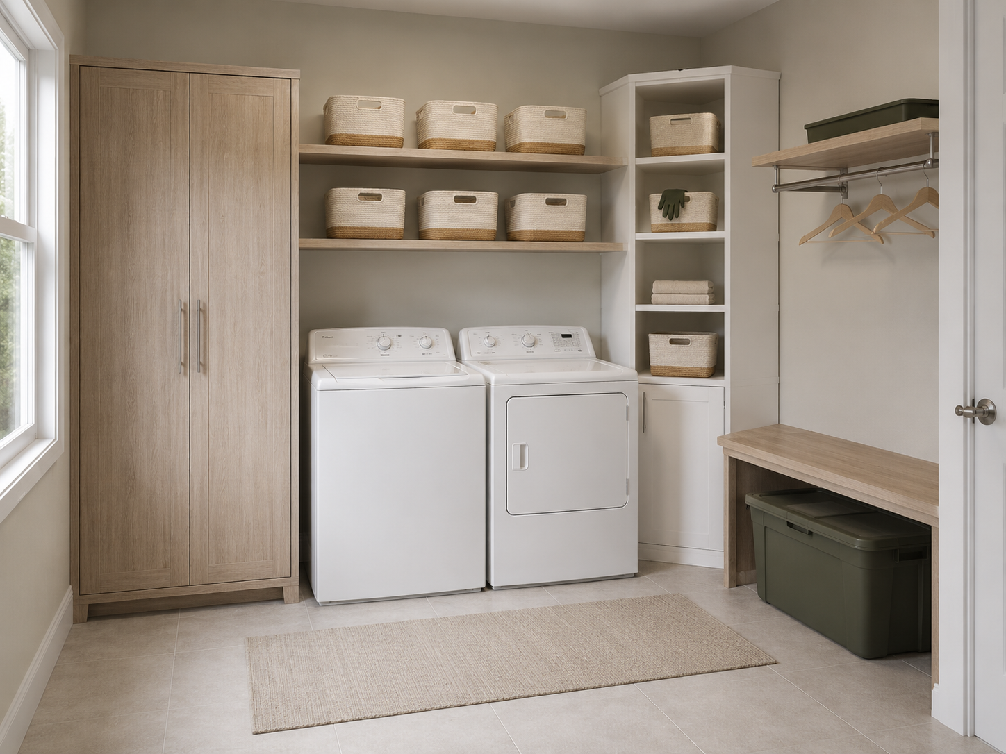 Mudroom laundry area with a wood-grain cabinet, woven shelf baskets, corner storage tower and large lidded utility tote.