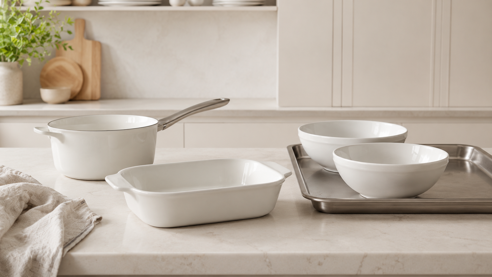 Shop the cookware and bakeware essentials look with ceramic cookware, white baking dish, sheet pan and stainless mixing bowls.
