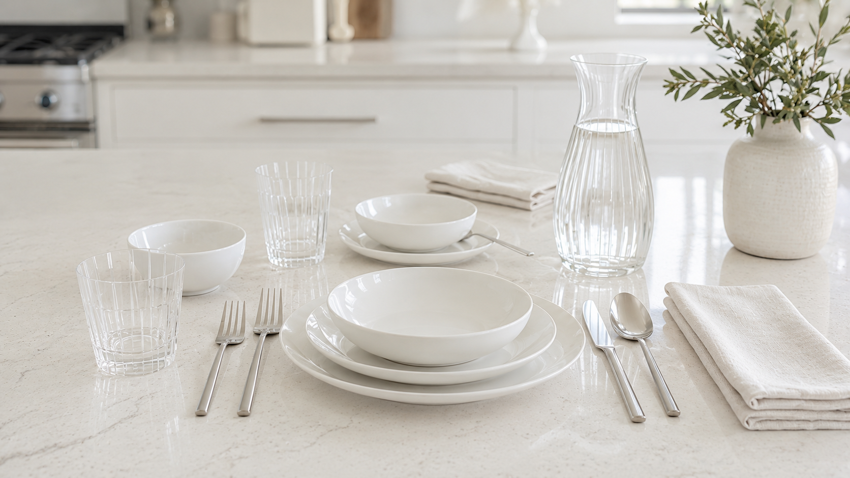 Finished neutral dinner table setup with white dinnerware ribbed glasses clear carafe and stainless flatware