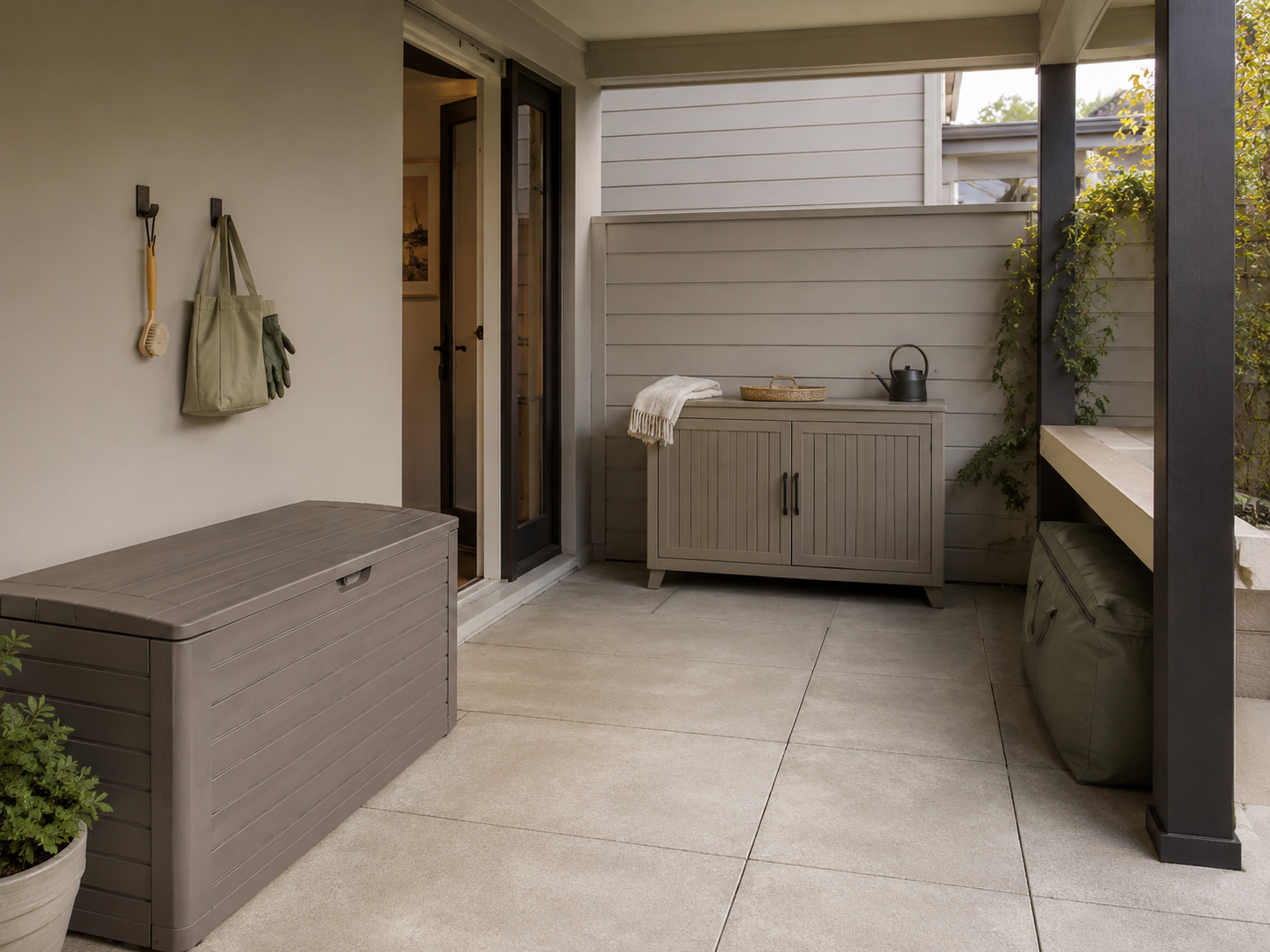 Sheltered patio storage zone with a deck box, low cabinet, cushion-storage bag and lightweight accessories on wall hooks.