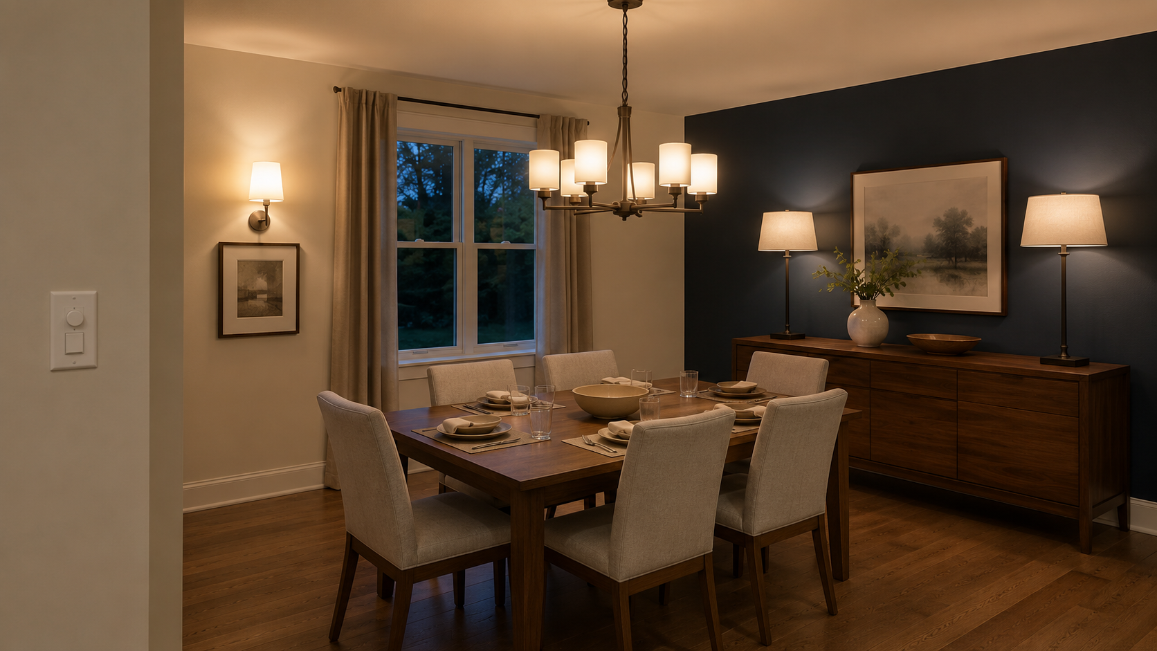 Layered dining room lighting with a central chandelier, wall sconce and two buffet lamps beside a walnut dining table