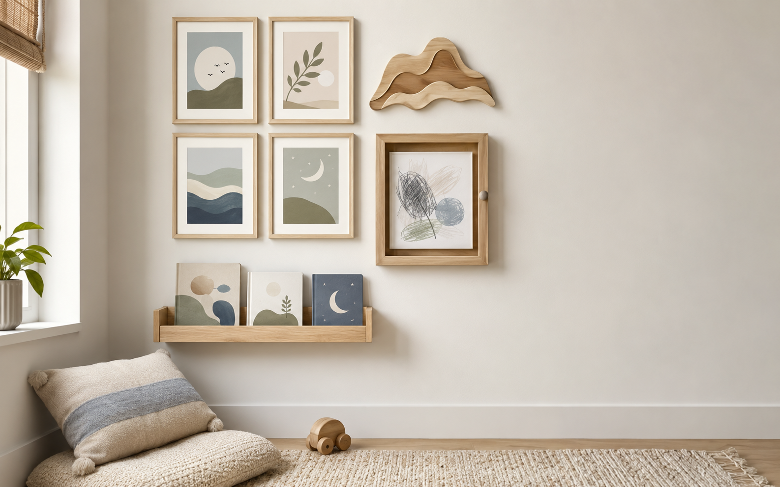 Kids wall decor arrangement with framed prints, wooden decorations, display frame and picture ledge