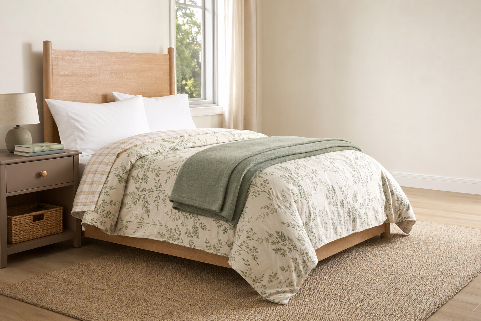Twin bed with a sage botanical comforter, beige plaid sheets, white pillows and a folded sage blanket.