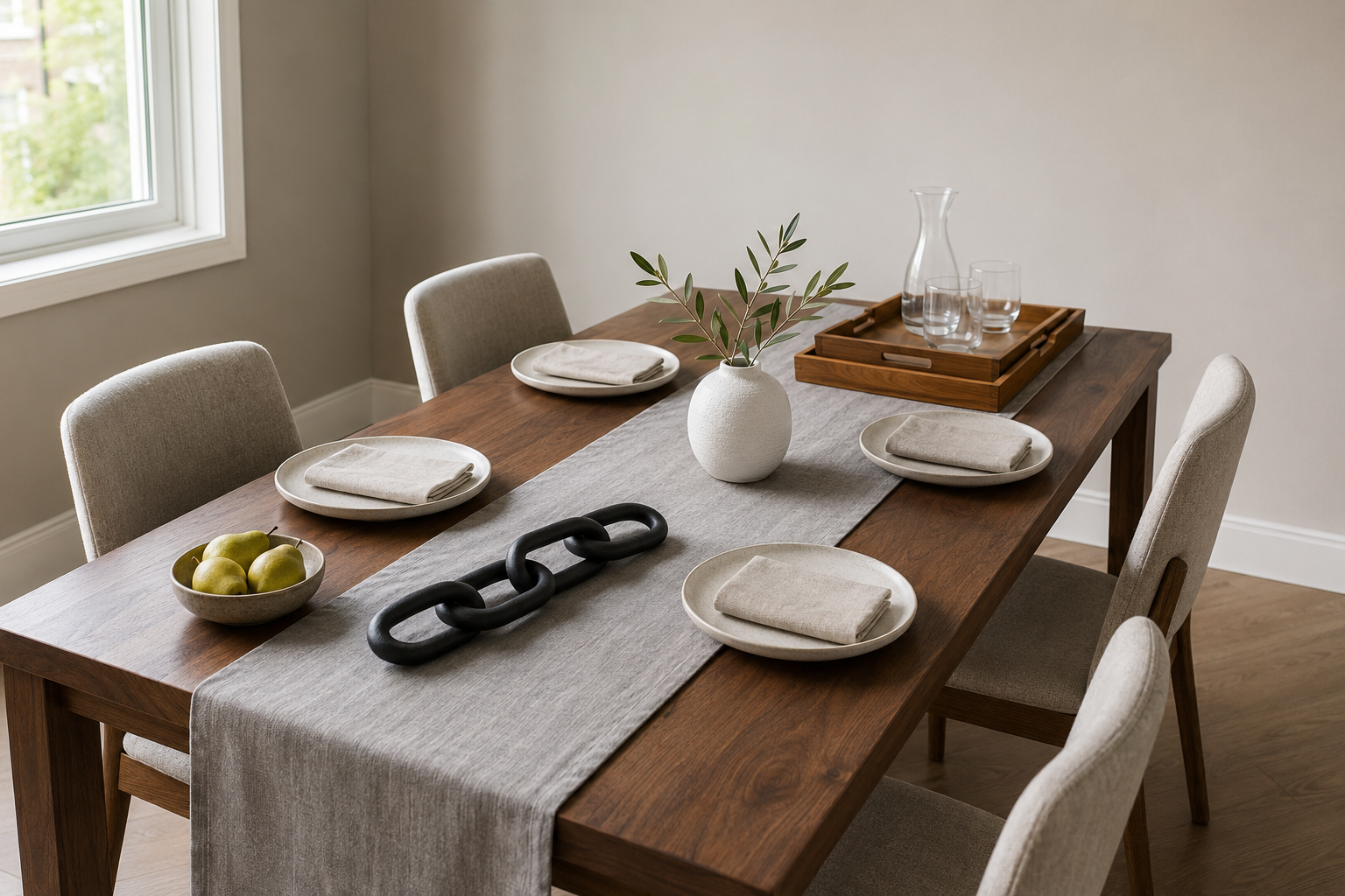 Walnut dining table with a grey runner, black wood chain, white textured vase and acacia serving trays