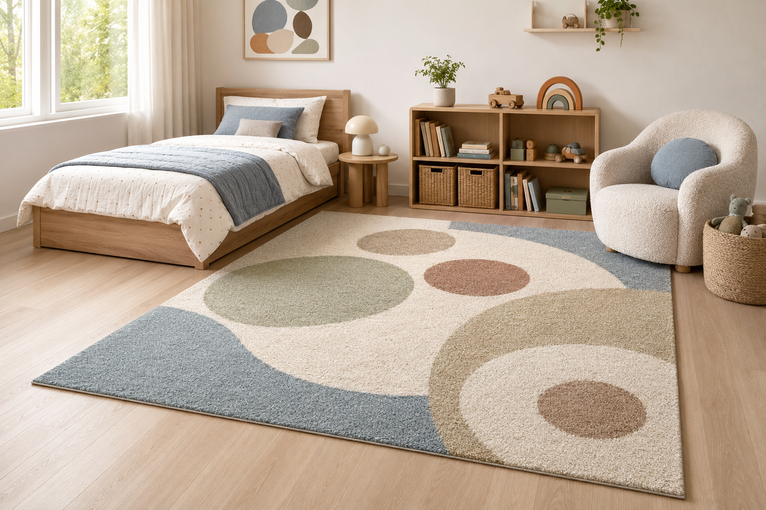 Modern kids bedroom with a large patterned rug connecting the bed, reading chair and storage area.