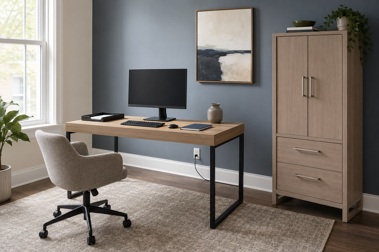 Modern oak and black home office desk with a monitor, upholstered chair and coordinating closed storage cabinet