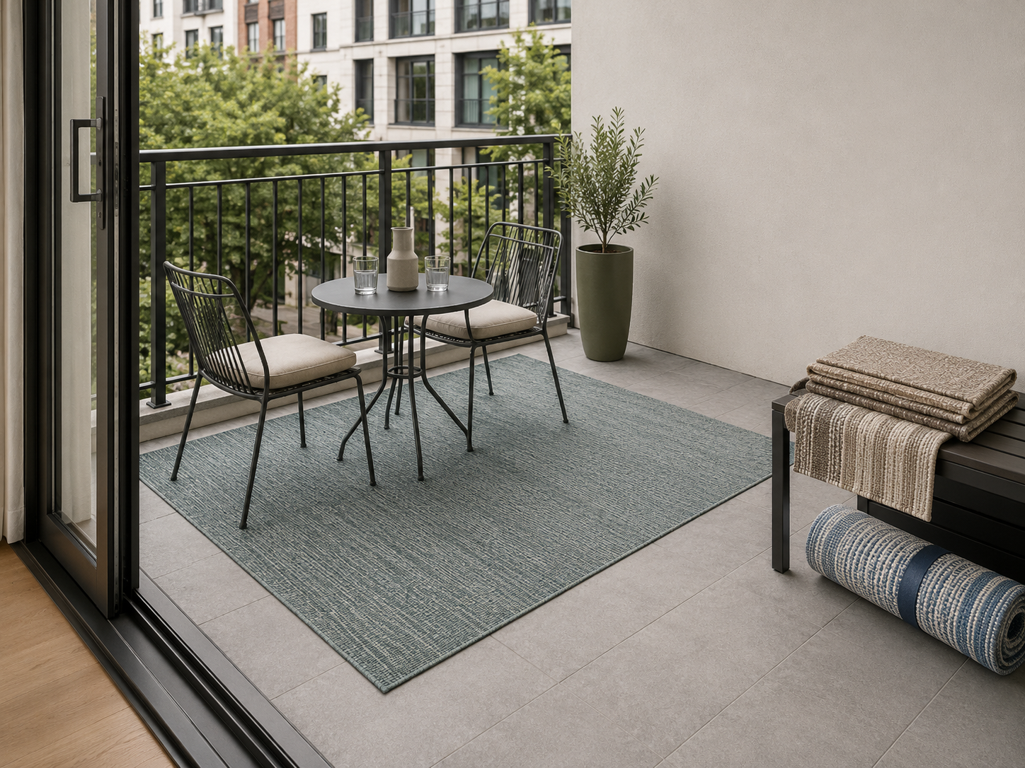 Blue-green outdoor rug grounding a compact balcony bistro set beside folded and rolled rug alternatives.