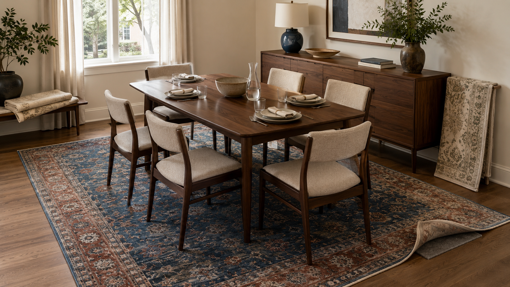 Walnut dining table and six upholstered chairs arranged over a large navy and rust patterned rug