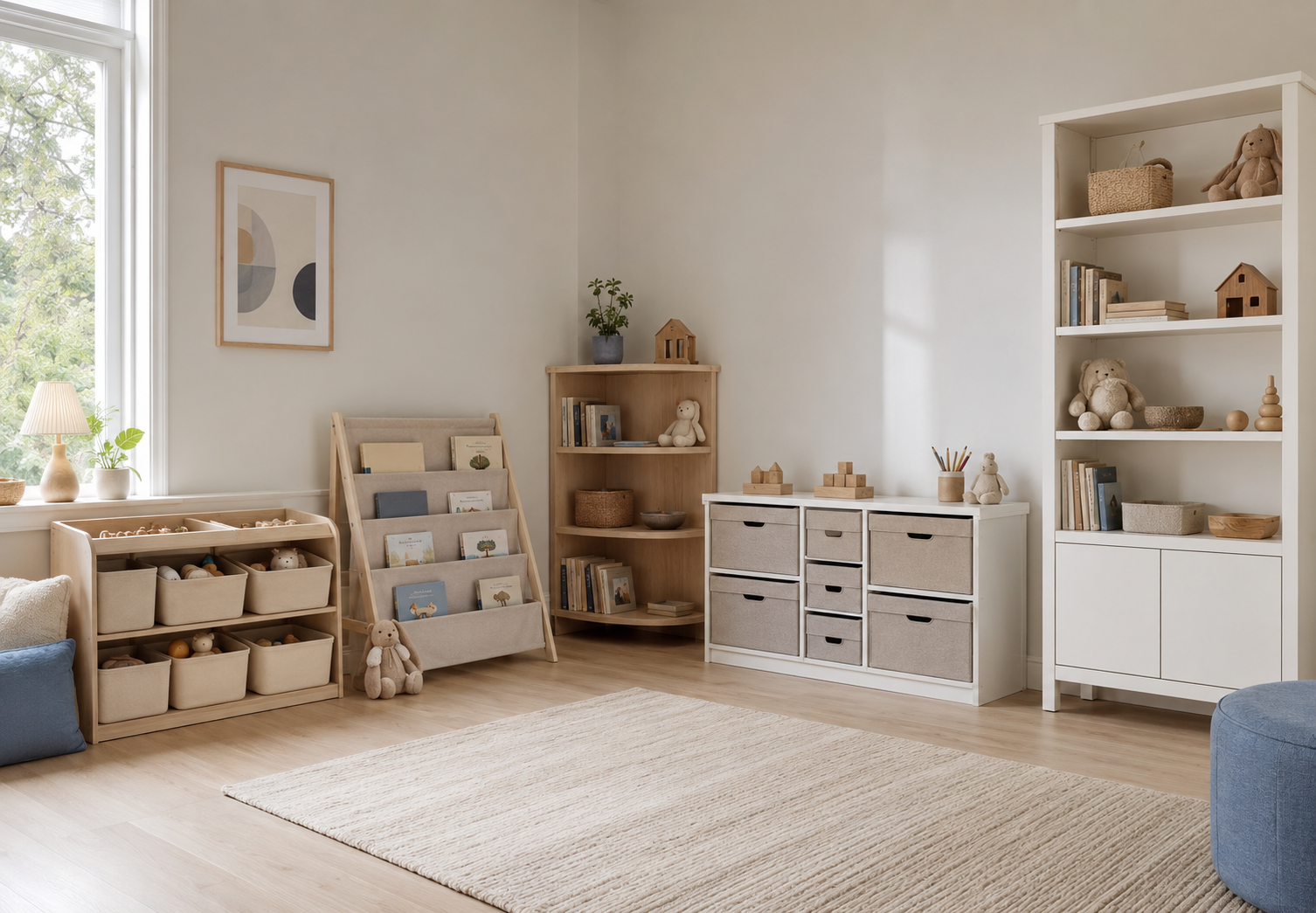 Kids room with open toy bins, a sling bookshelf, corner bookcase, fabric drawer storage and a tall closed cabinet.
