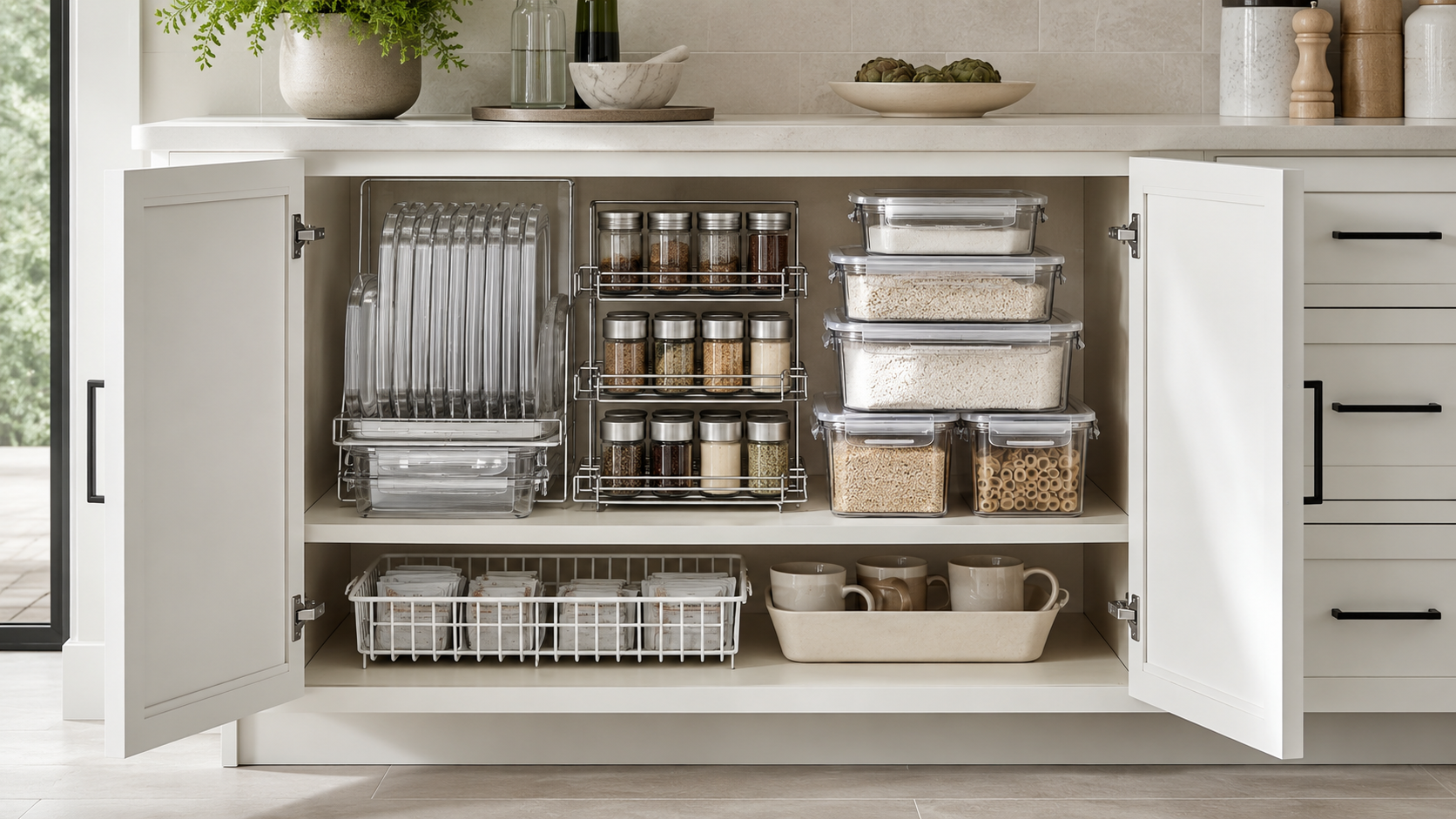 Organized kitchen cabinet setup with lid organizer, pull-out spice rack, clear storage boxes, and under-shelf basket.