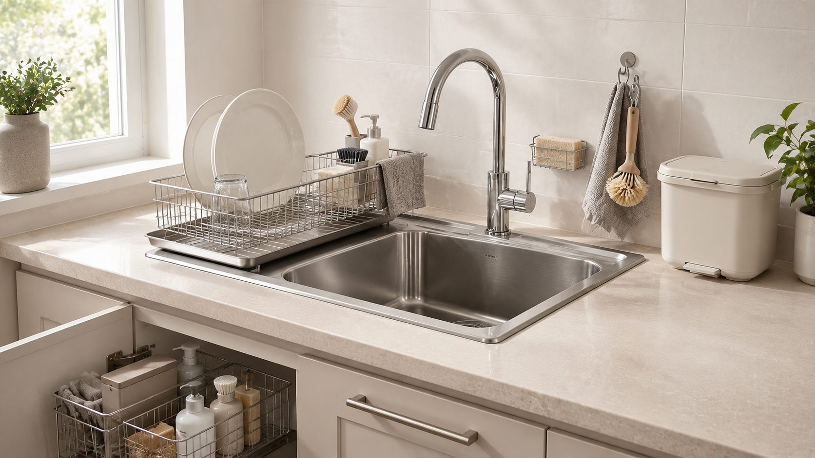 Clean kitchen sink reset scene with dish rack, stainless sink caddy, sponge holder, microfiber cloth and small compost bin