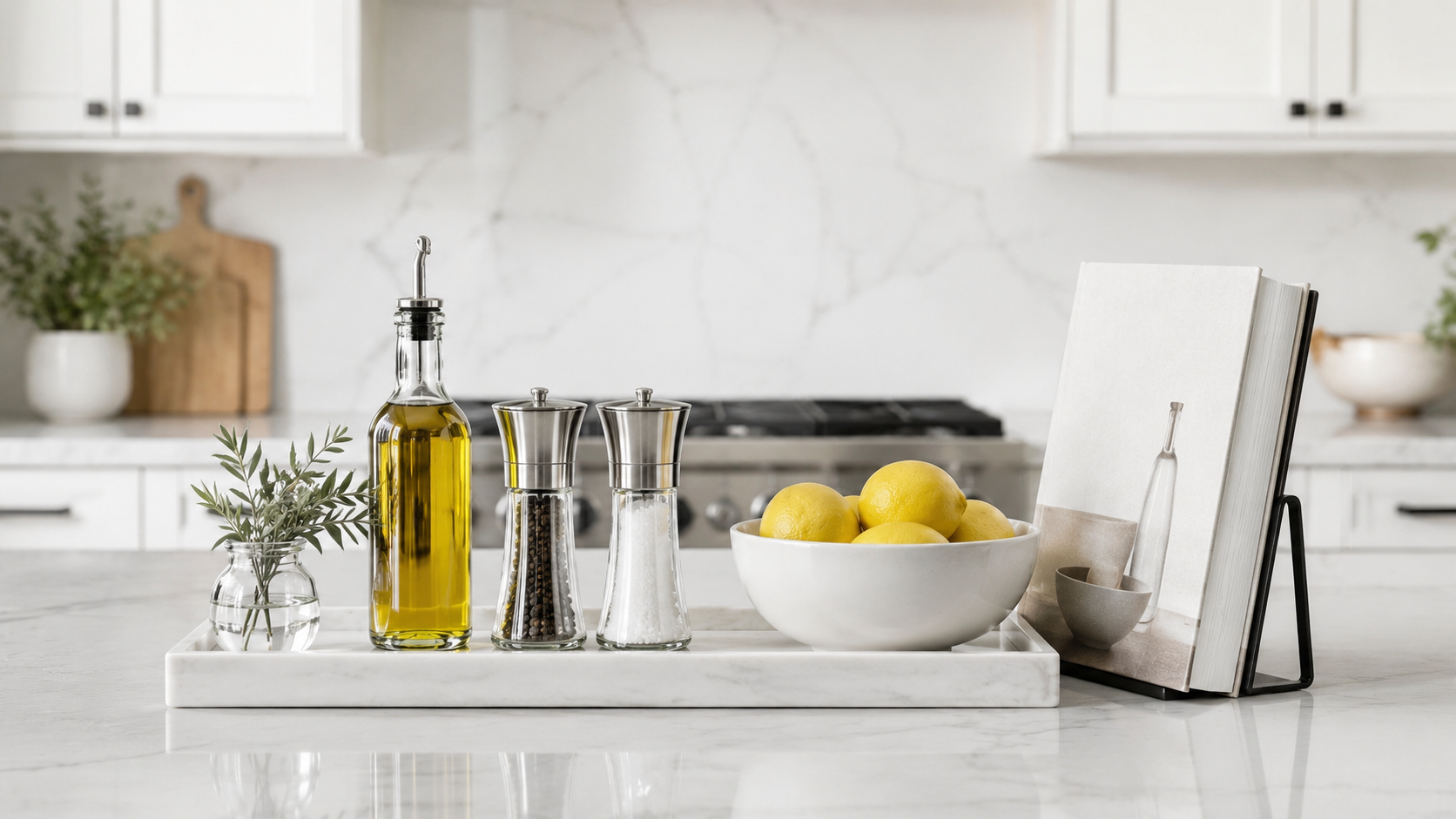 Styled kitchen counter with oil dispensers, salt and pepper grinders, fruit bowl, and cookbook stand