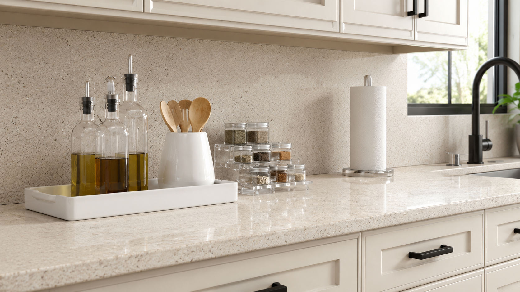 Styled kitchen counter organization look with oil dispensers, ceramic tray, utensil holder, paper towel holder, and glass jars.