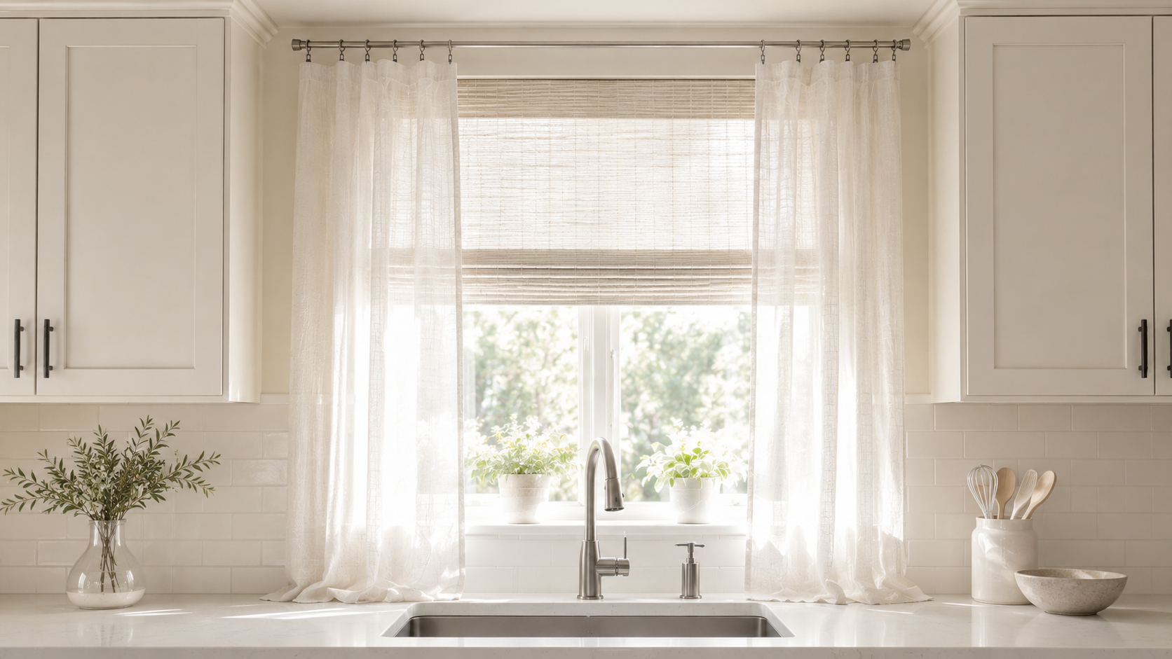 Shop the look kitchen window styling scene with sheer linen curtains, curtain rod, clip rings, and woven shade for soft daylight and privacy