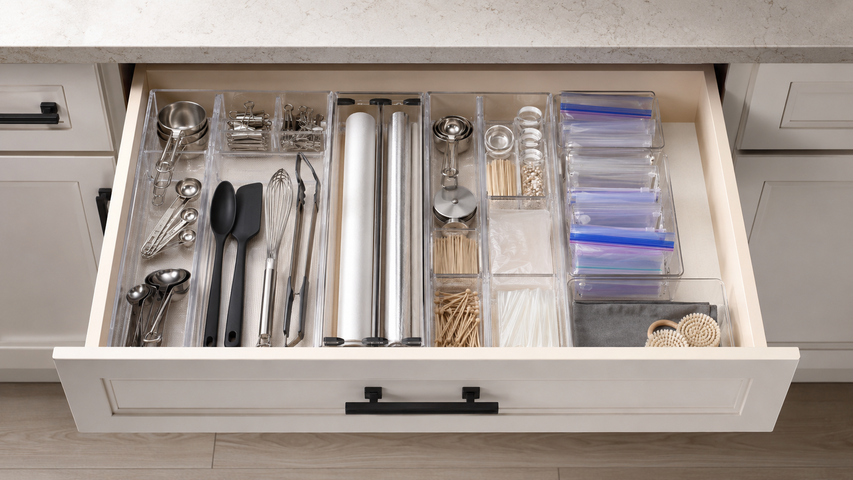 Organized kitchen prep drawer with clear trays, wrap organizer, bag organizer, and drawer liner