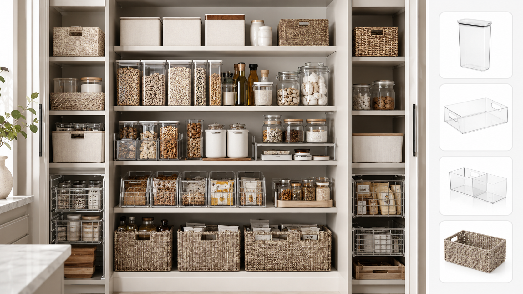 Refill-ready kitchen pantry setup with clear bins, cereal containers, labels, and pantry baskets