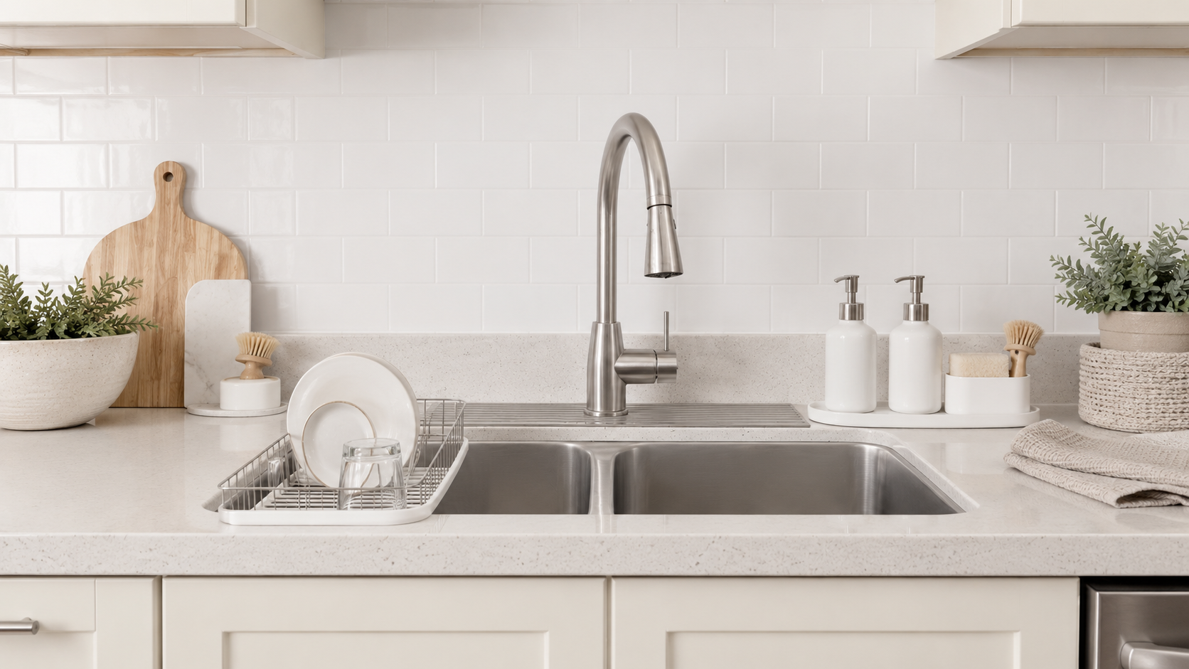 Organized kitchen sink setup with dish drying rack, soap dispenser set, sponge holder, and faucet splash guard