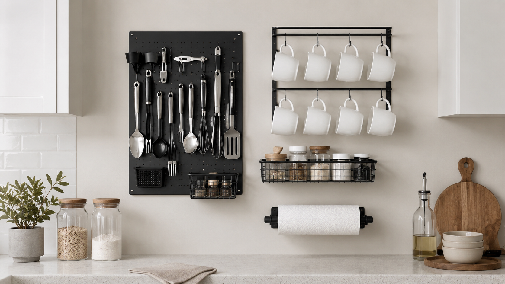 Modern kitchen wall storage look with pegboard organizer, mug rack, wall basket, and paper towel holder
