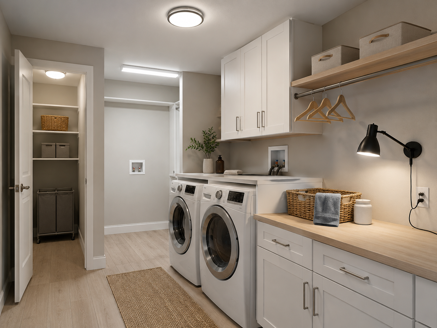 Layered laundry room lighting with ceiling, utility, closet and wall-mounted task fixtures.