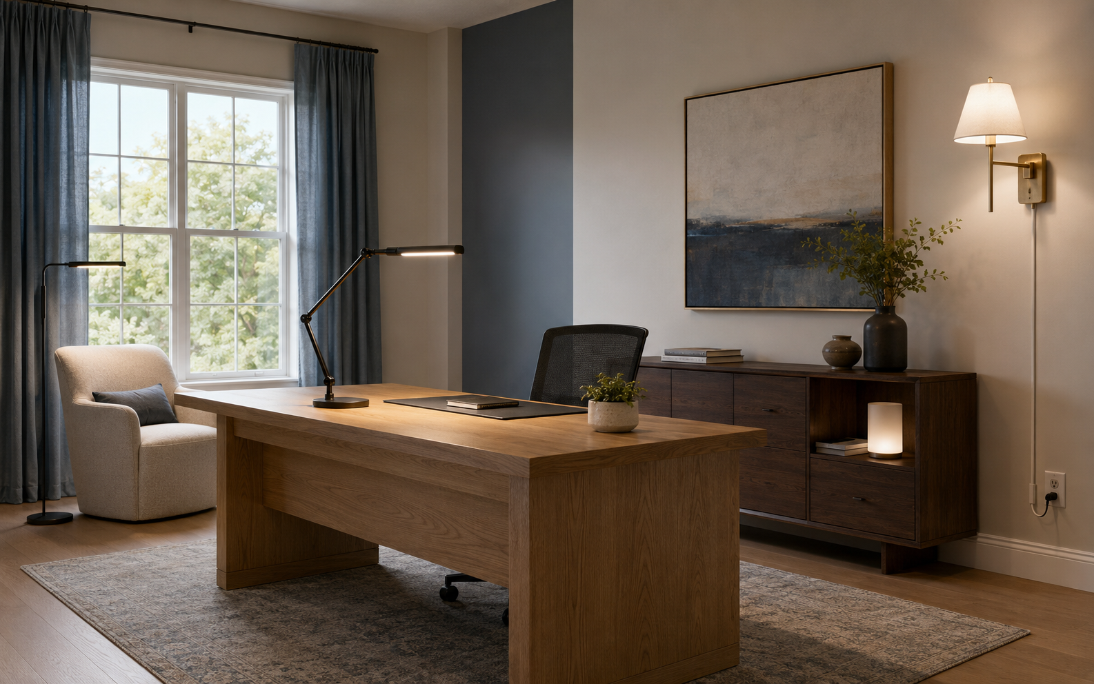 Oak home office with a desk lamp, floor lamp, brass wall sconce and soft shelf light arranged in layers.