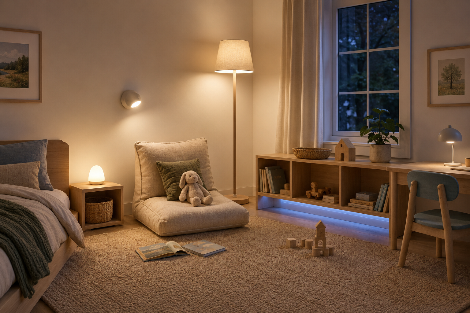 Kids room with a night light, wall sconce, floor lamp and blue LED strip creating layered evening lighting.
