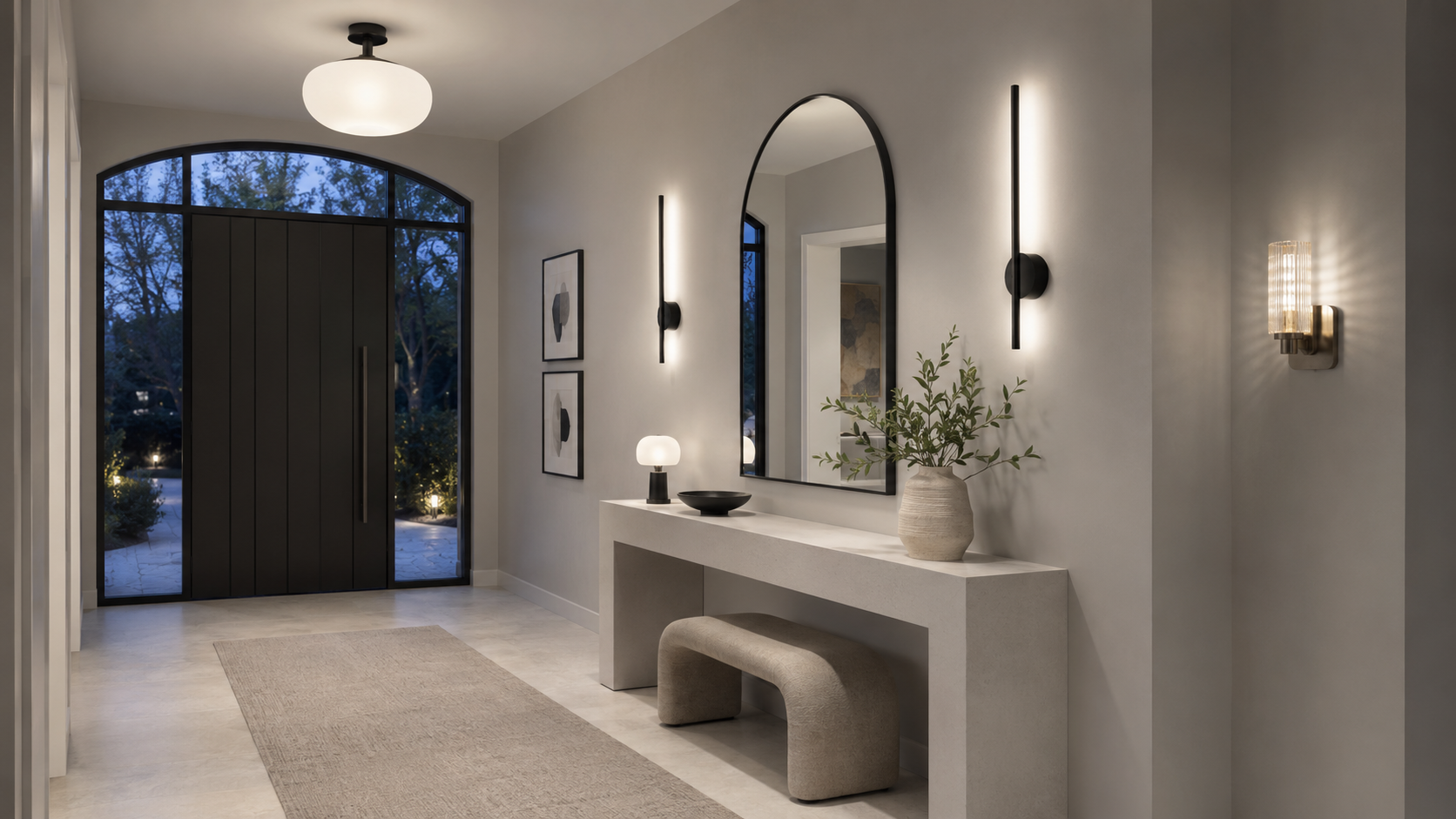 Modern entryway with globe ceiling light, black wall sconces, arched mirror, and neutral console