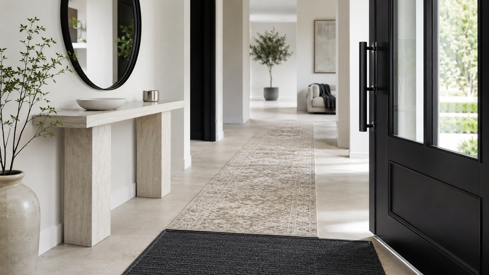 Modern entryway with a charcoal door mat and neutral patterned runner rug