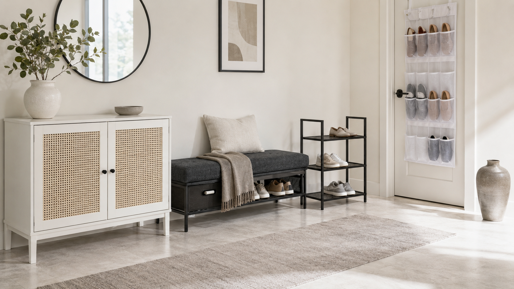 Modern entryway with rattan shoe cabinet, cushioned shoe bench, black shoe rack and over-door shoe organizer