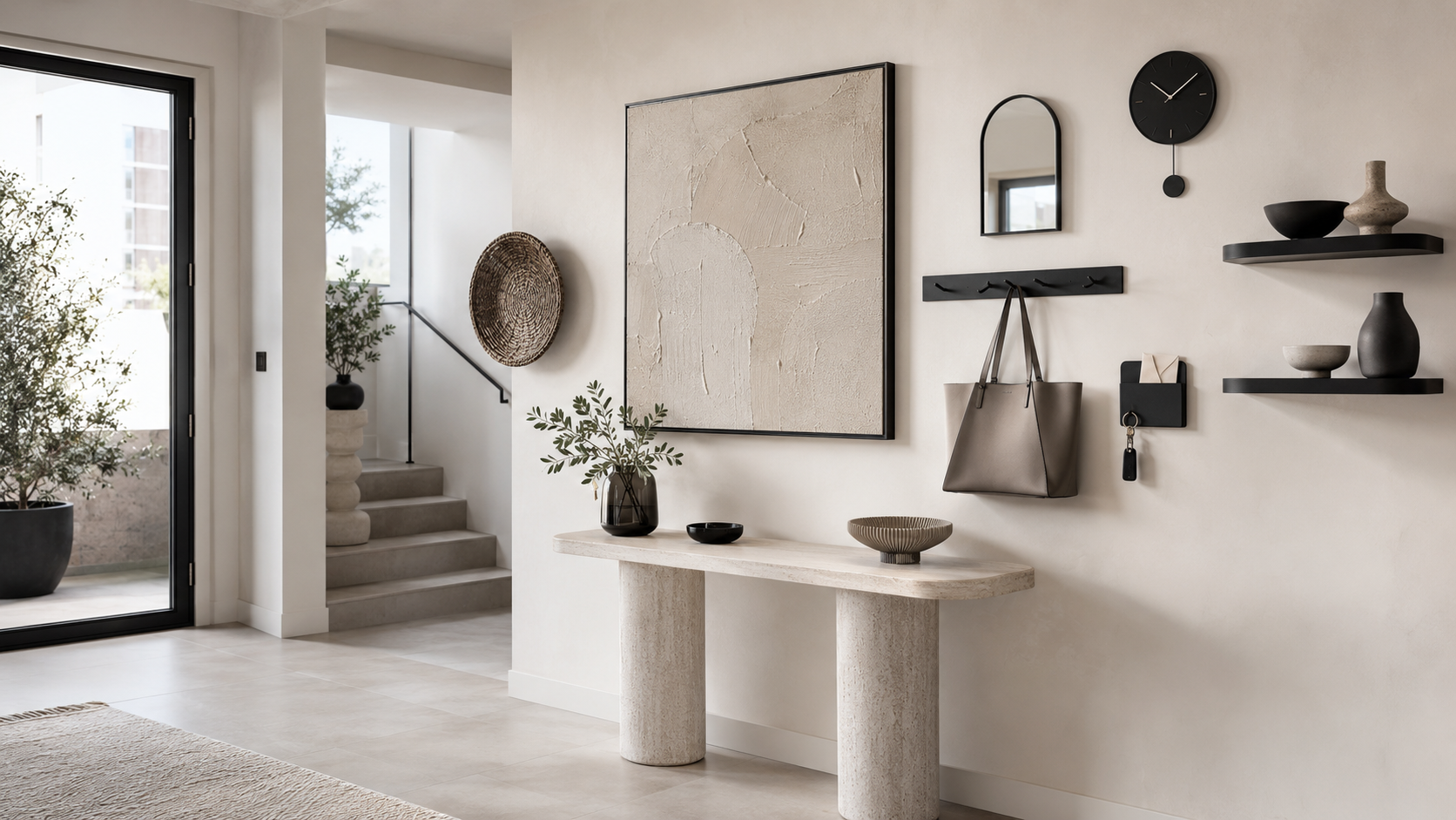 Finished modern entryway with abstract art, black wall hooks, key organizer, shelves, clock and pale stone console.