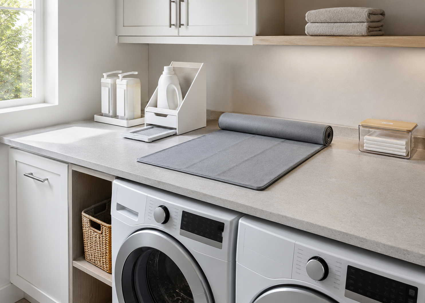 Organised laundry counter with paired dispensers, an angled detergent stand, temporary folding mat and clear dryer-sheet holder.