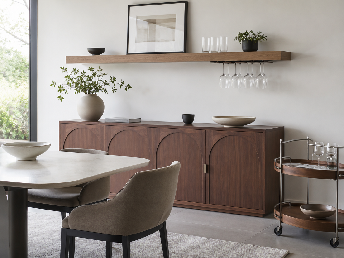 Organized dining room wall with a walnut sideboard, floating shelf, stemware storage and rolling serving cart