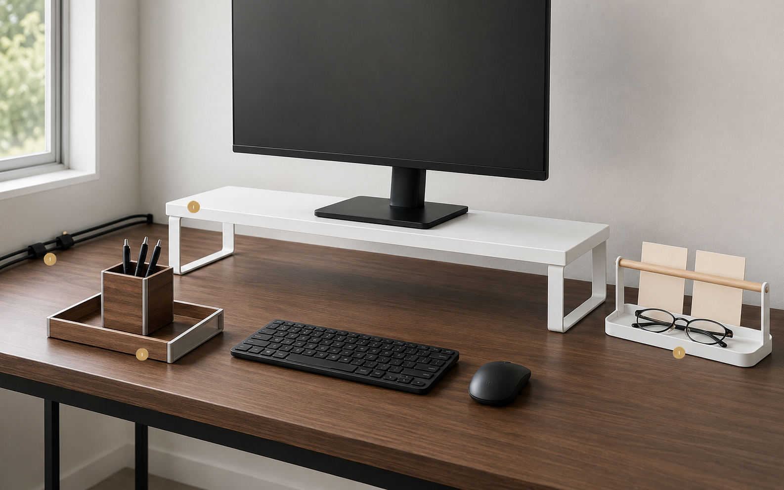 Organized walnut desk with a white monitor stand, walnut pen tray, cable clips and desktop organizer.