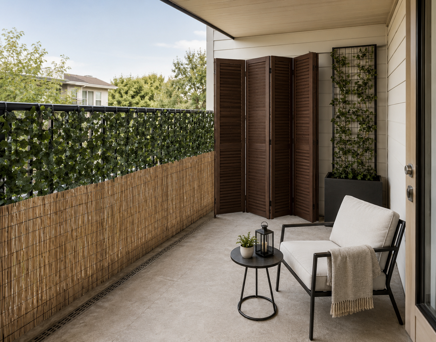 Covered balcony with artificial ivy, natural reed screening, a folding wood privacy divider and a planter trellis.