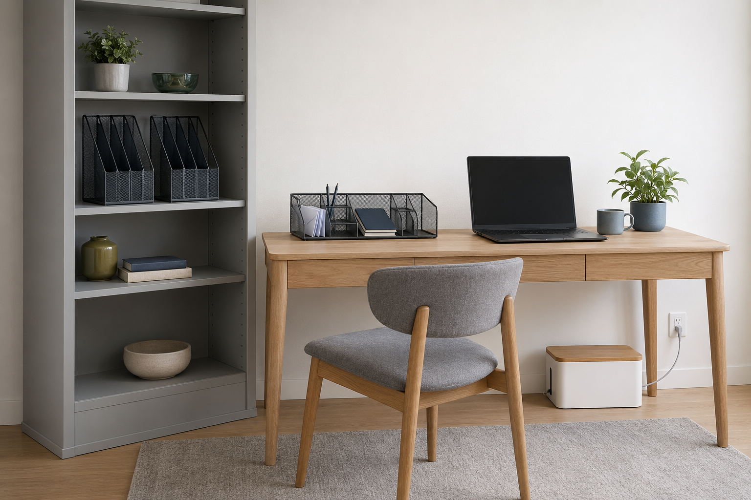Grey office bookcase with black document sorters, a desktop organizer and a cable box beneath a natural oak desk.