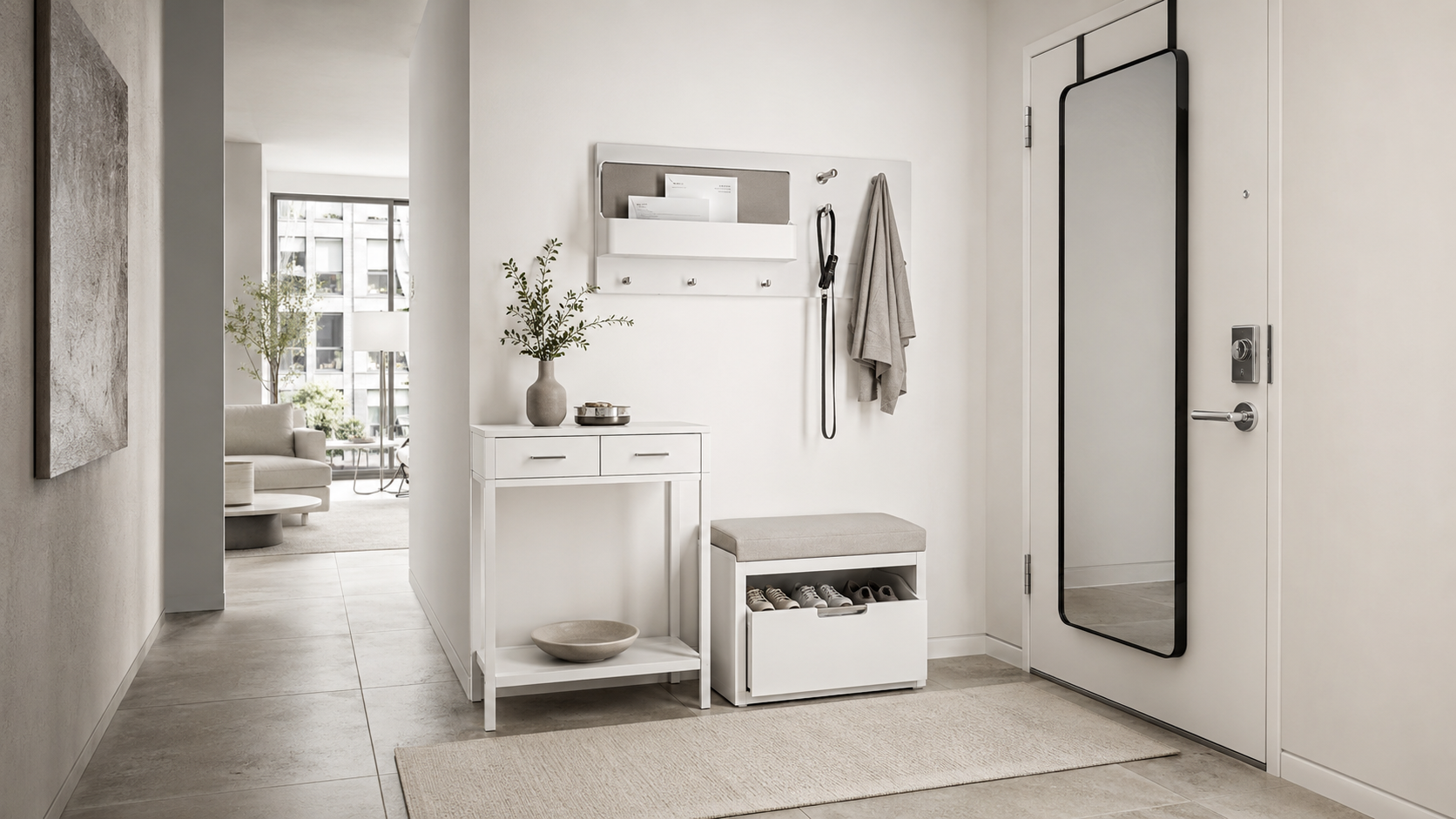 Finished small entryway look with white console table, compact shoe storage and wall organizer