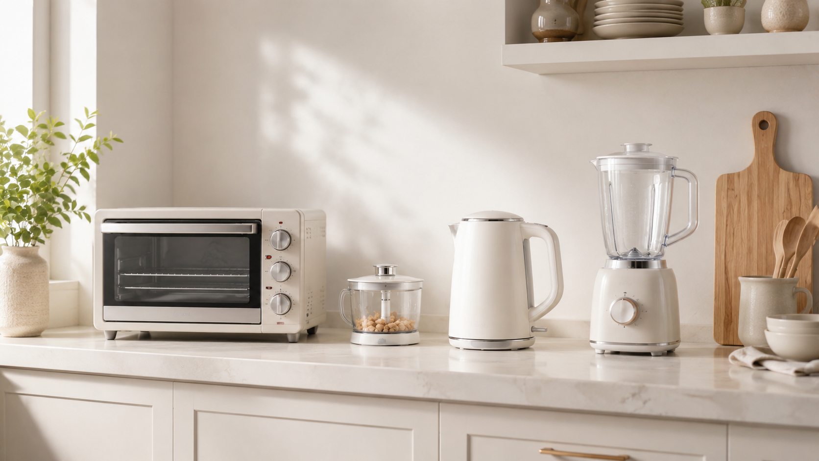 Small kitchen appliance station with toaster oven, kettle, mini food chopper and blender styled on a clean countertop