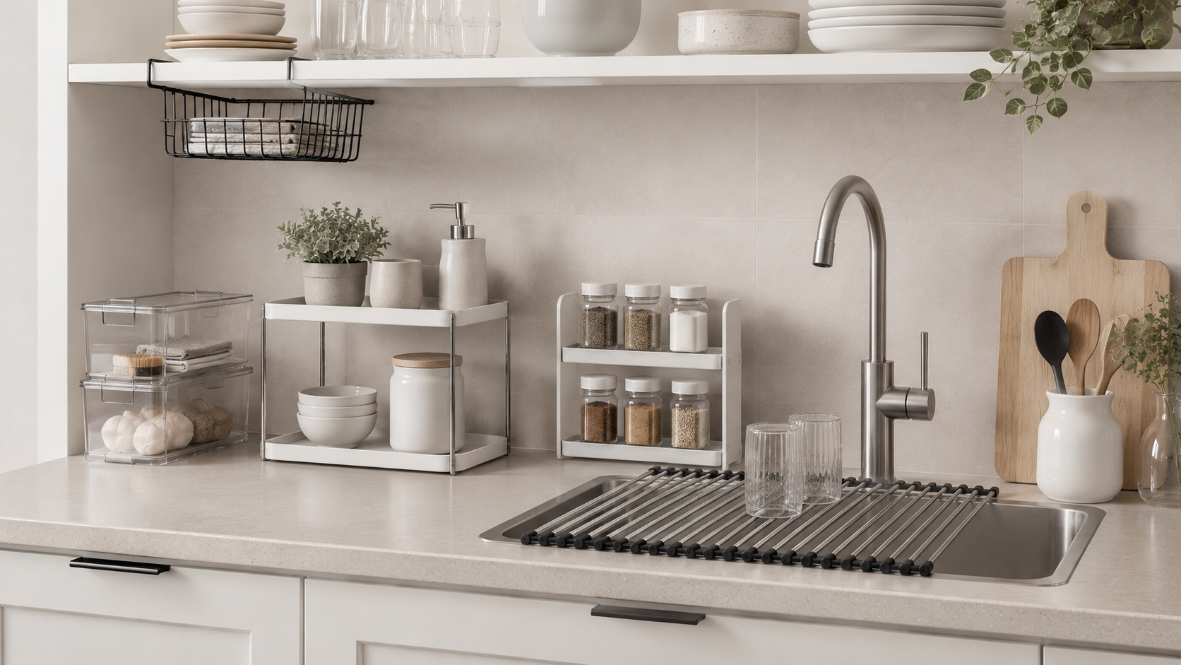 Shop the look small kitchen solutions setup with compact counter riser, roll up dish rack, spice rack, under shelf basket, and clear storage