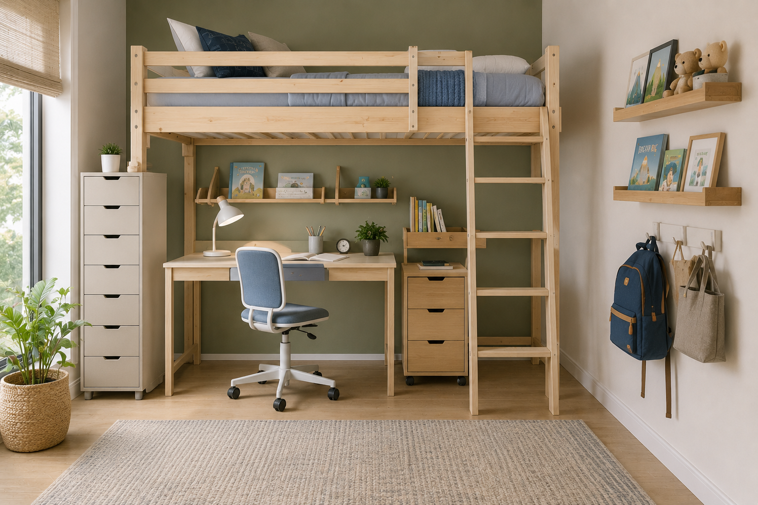 Compact loft-bed study system with a desk, chair, wall bookshelves, slim drawer tower and hanging storage.